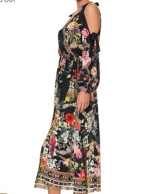 Camilla Hampton Hive Split Sleeve Wrap Silk Dress S Black Floral Rhinestone